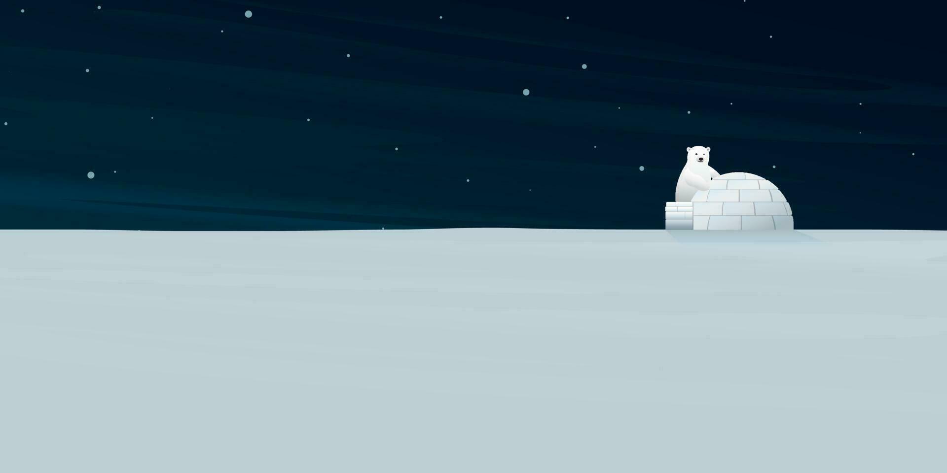 Night at North Pole with snowfall have polar bear discovering igloo. Northern arctic landscape vector illustration. Life in the north in the ice flat design.