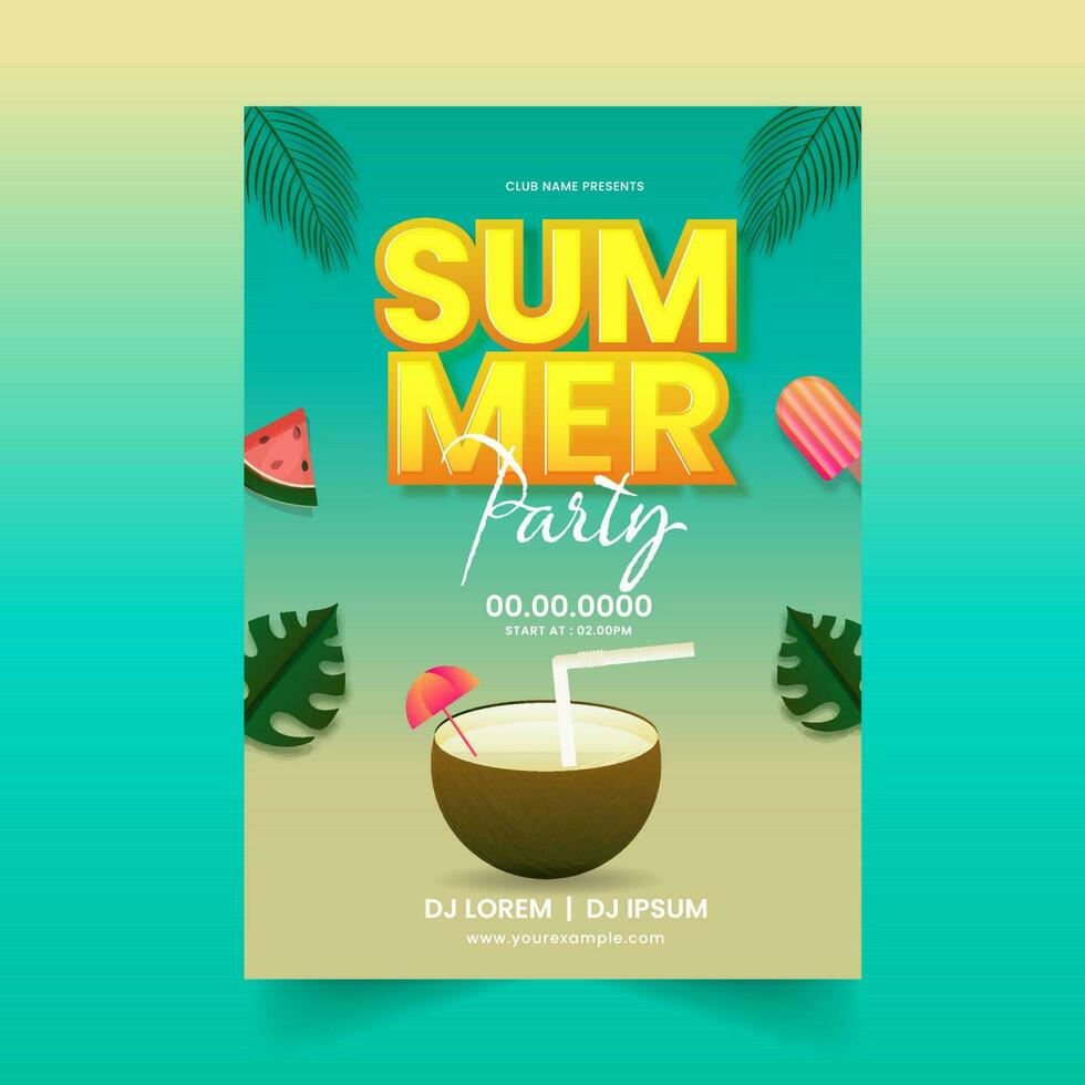Summer Party Flyer Design With Coconut Drink And Event Details. vector