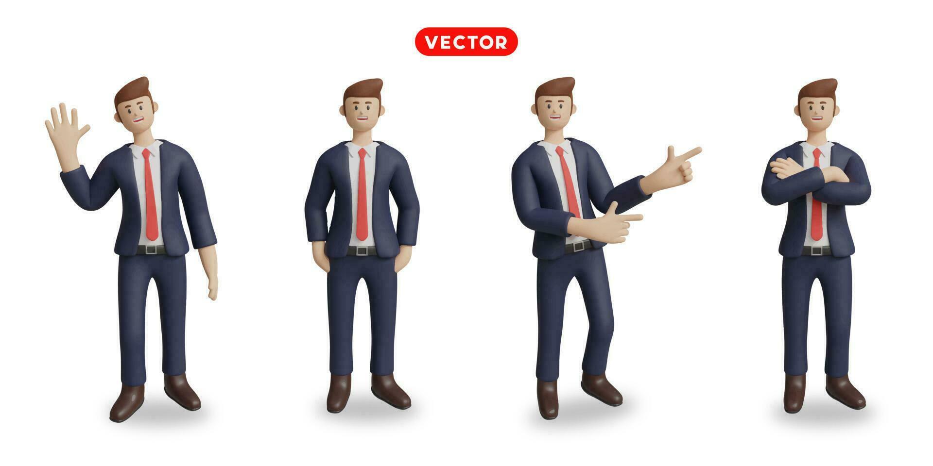 3D-rendering. On a white background, a businessman gestures, waving hands, pickpockets, crossed arms, and points. vector