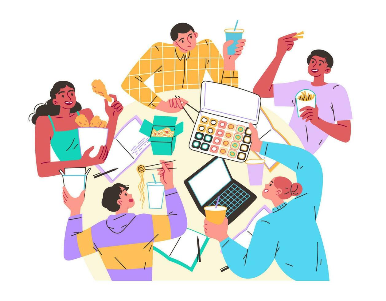 Young people eating noodles, rolls vector