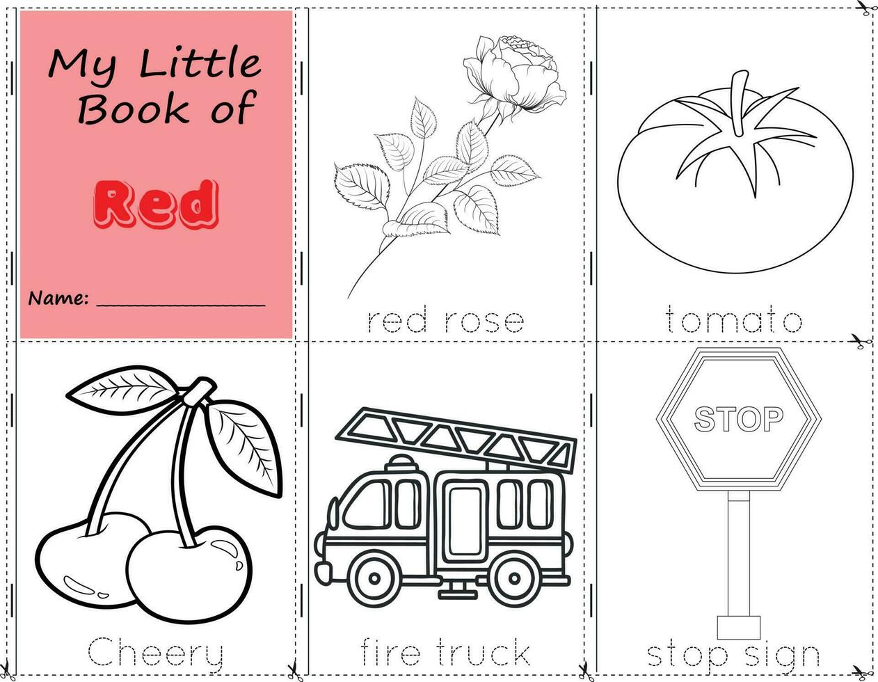 My Little Book of Red Color objects red to paint them as they are in real life. Education worksheet for children. The set includes a red rose, a tomato, a cheery, a fire truck, and a stop sign. vector