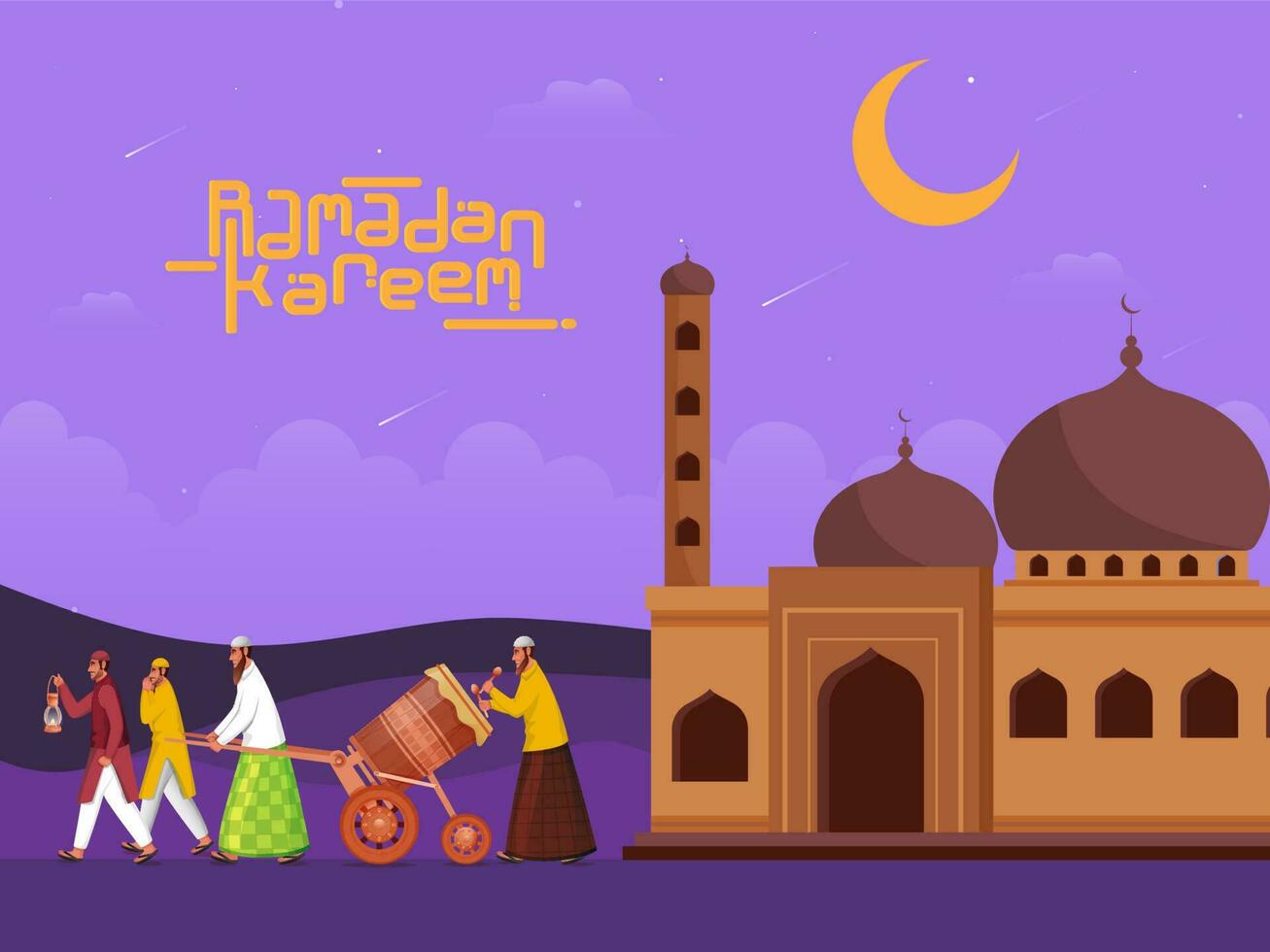 Illustration Of Muslim Men Playing Tabuh Bedug Drum With Crescent Moon And Mosque On Purple Background For Ramadan Kareem Celebration. vector