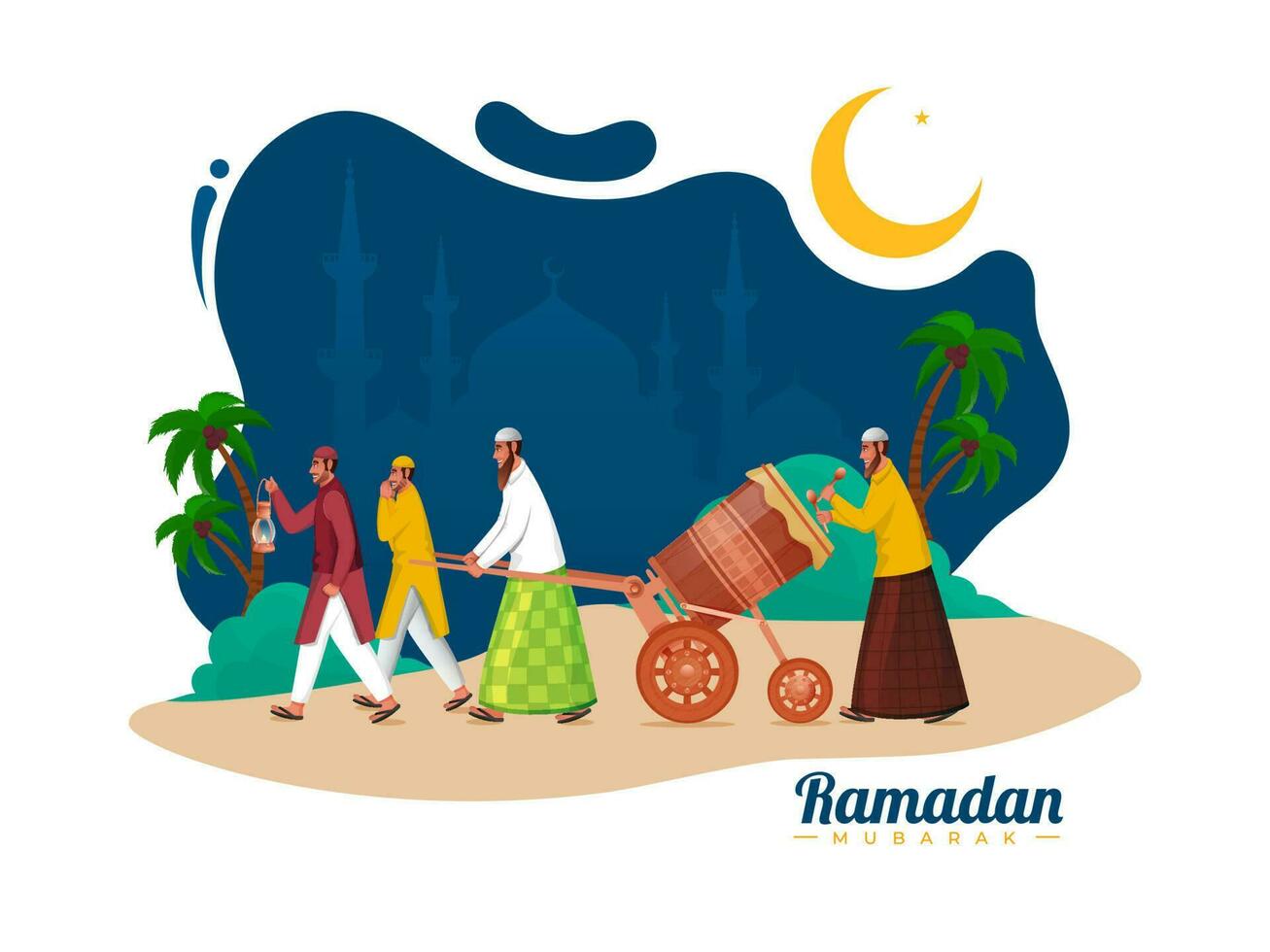 Ramadan Mubarak Celebration Concept With Muslim Men Beating Tabuh Bedug Drum, Crescent Moon, Coconut Trees On Abstract Silhouette Mosque Background. vector