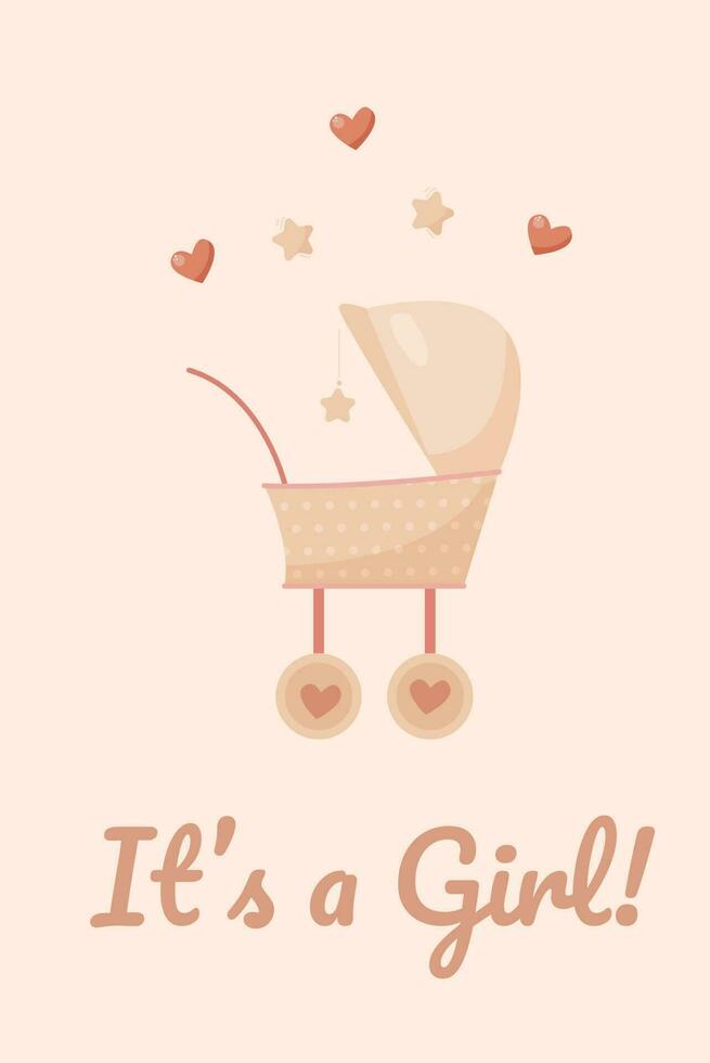 vector cute card for the little baby girl with lovely baby carriage