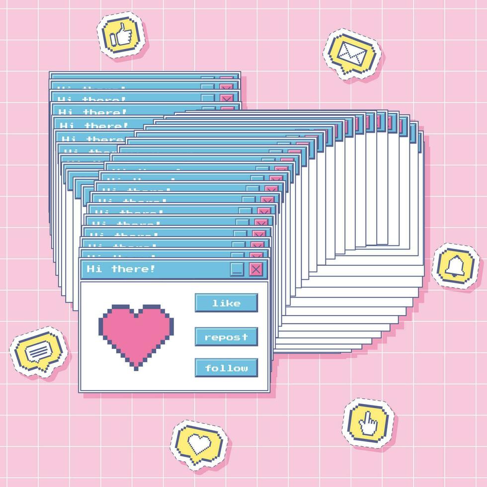 Frozen window with pixel art heart and retro user interface buttons. Pixel icons stickers - comment, like, heart, bell, message.Nostalgic y2k aesthetics of an old computer. Vector illustration on pink