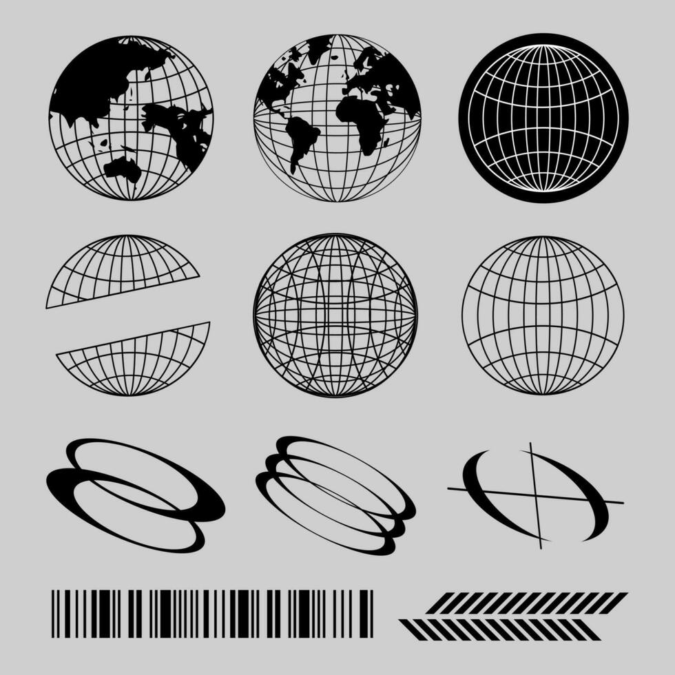 Black streetwear element, globes, abstract shape, bar code for design T shirt, poster, etc... vector