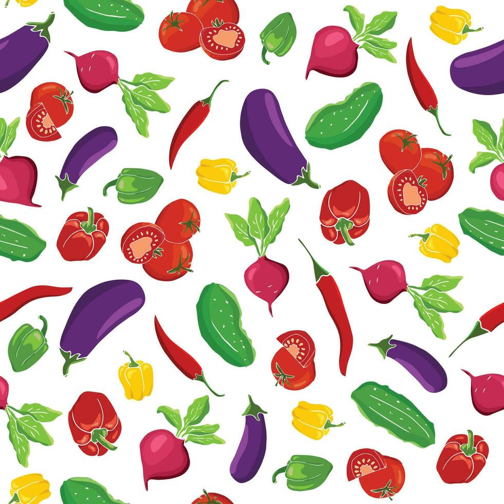 Seamless vegetable pattern, cartoon vegetables on white background vector