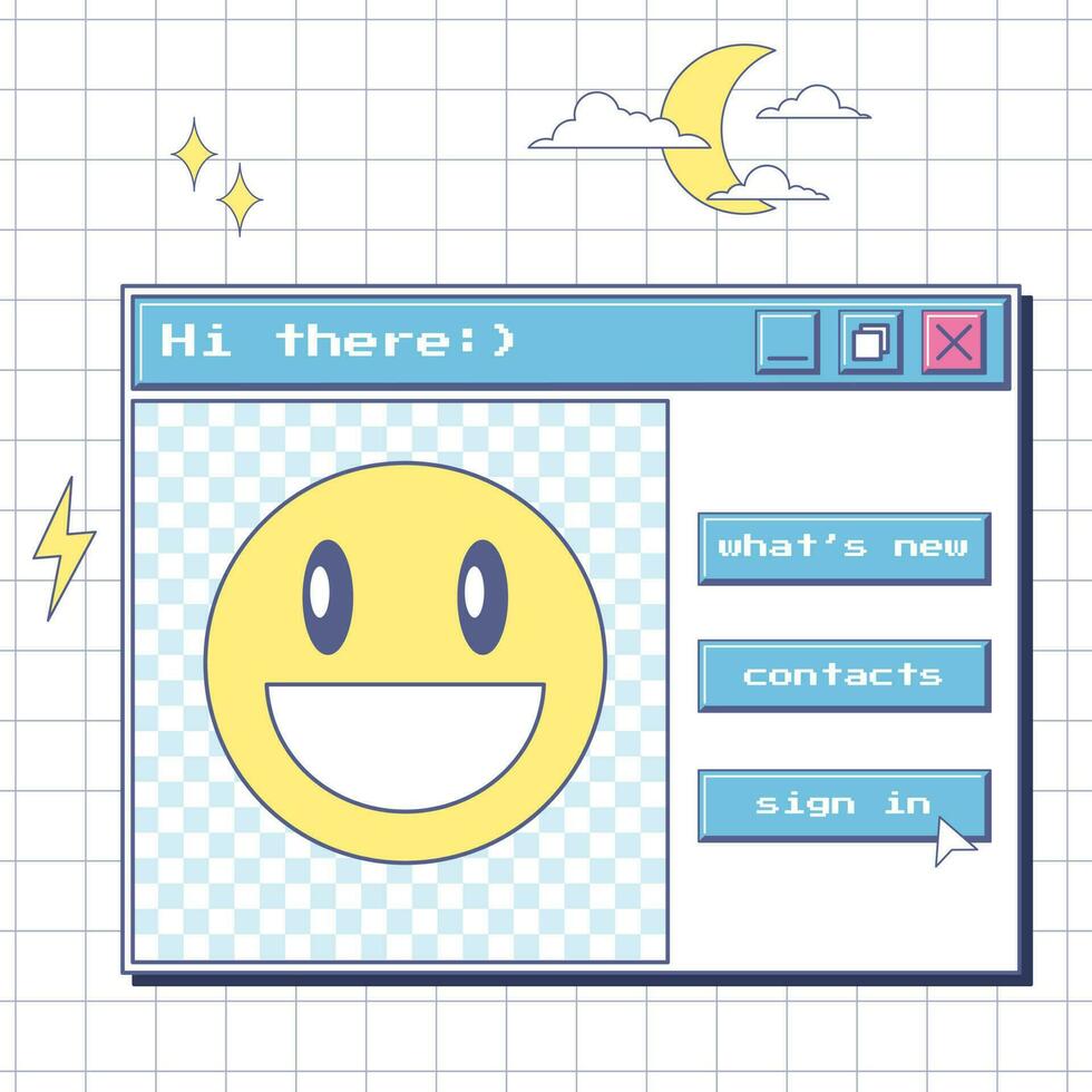 Welcome window with a smile and buttons. Aesthetics of the user interface of an old computer. Template for social networks.Nostalgic y2k design elements. Vector illustration. Notebook sheet background