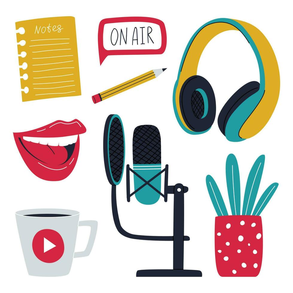 un conjunto de elementos simbolizando grabación de un podcast, radio espectáculo, en línea espectáculo. micrófono con condensador, café taza, auriculares, en conserva planta. color plano vector ilustraciones aislado en blanco