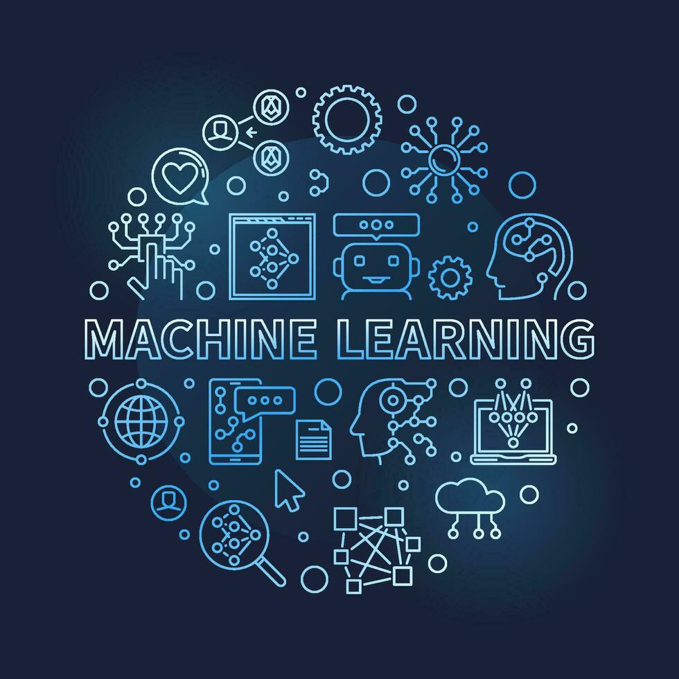 Machine Learning line round blue banner. ML Technology vector ...