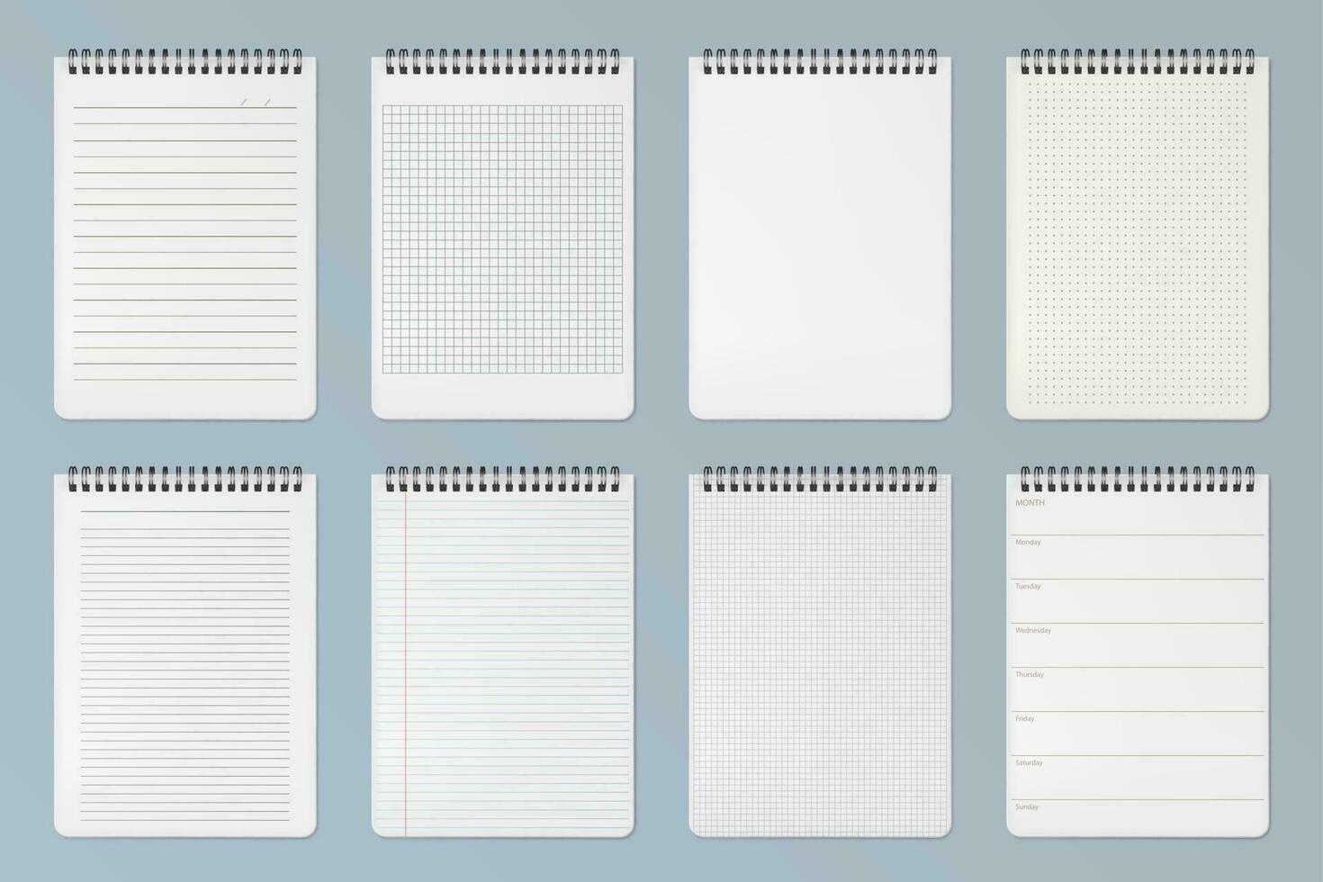 Notebooks sheets. Lined, checkered and dots pages vector