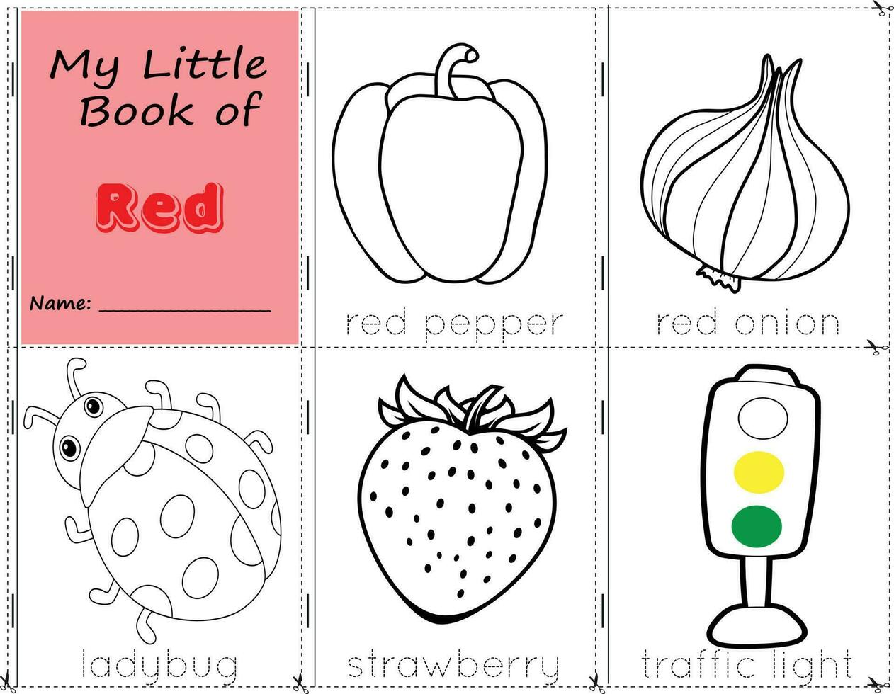 My Little Book of Red Color objects red to paint them as they are in real life. Education worksheet for children. The set includ a red pepper, a red onion, a ladybug, a strawberry, and traffic . vector