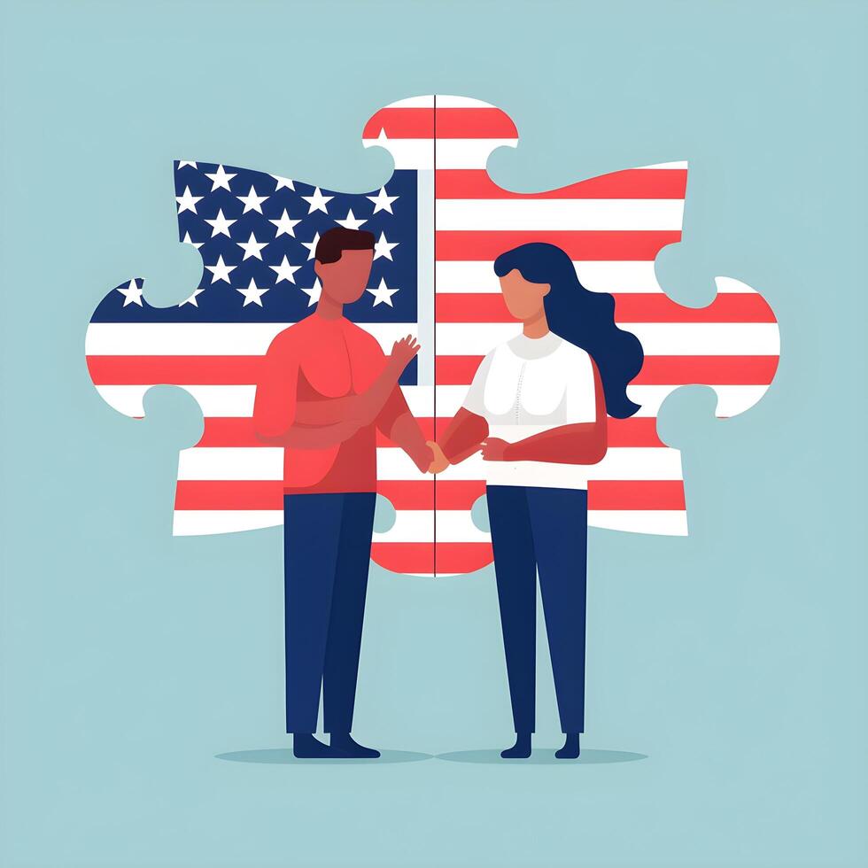 dos personas mano participación y unión rompecabezas con americano bandera símbolo para Estados Unidos independencia día y diversidad cultural. concepto en dibujos animados ilustración vector ai generativo foto