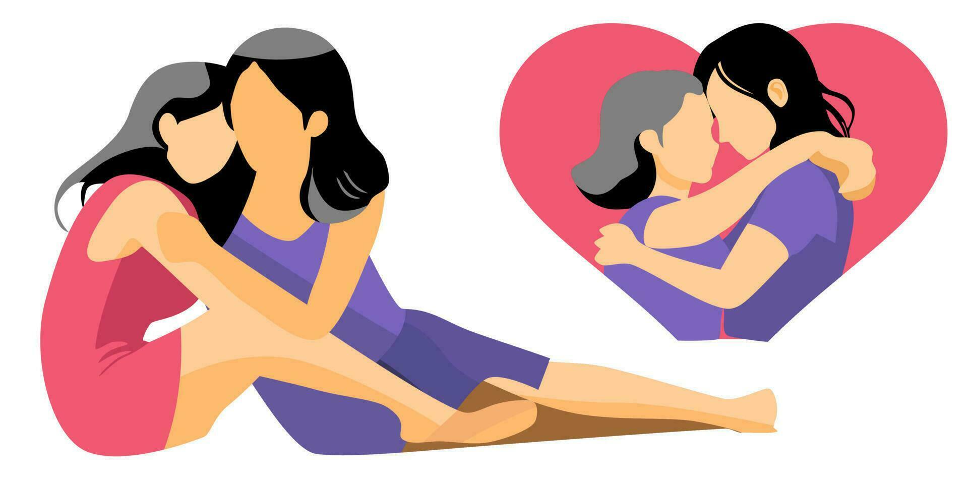 Lesbian couple flat design illustration. Portrait of two beautiful girls in an intimate abstraction. Interacial women with romantic same sex partner are flirting, hugging, kissing. LGBTQ love vector