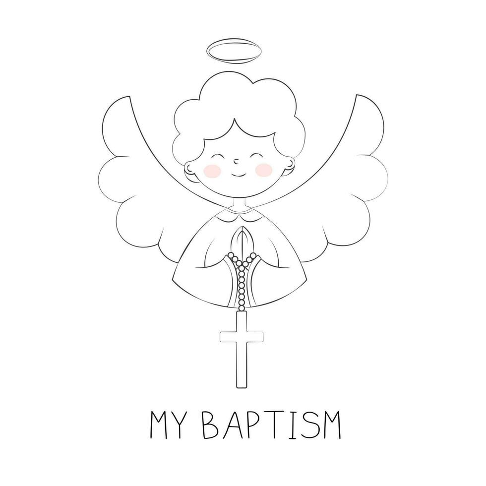 A Cute Angel Boy Holds a Cross Card for Baptism Day Baptized and Blessed Simple Doodle Vector Illustration