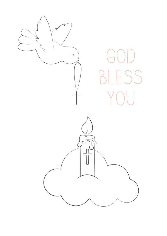 Baptism Holiday Invitation Template Dove flying and carrying in the Sky a Christian Cross Cloud with a Prayer Candle and the Inscription God Bless You Vector Illustration in Doodle Style