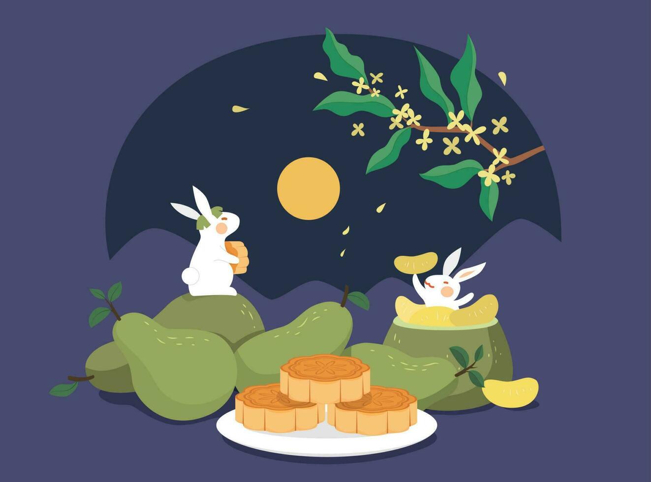 Mid autumn festival design. Flat illustration of jade rabbits eating pomelo, mooncakes, and watching moon as holiday celebrations vector