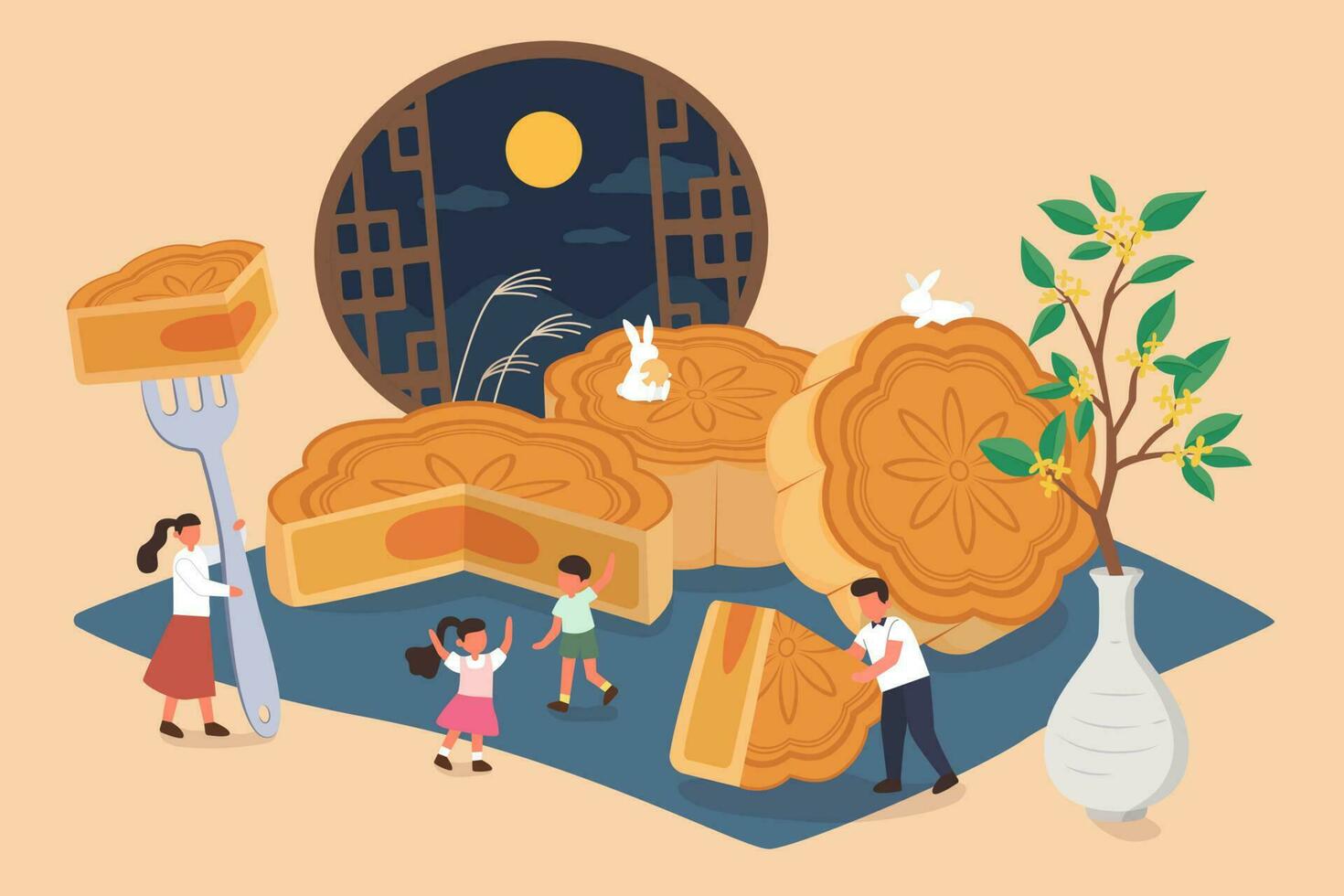 Mid autumn festival design. Flat illustration of Chinese family having reunion, eating mooncakes, and watching moon as holiday celebrations vector