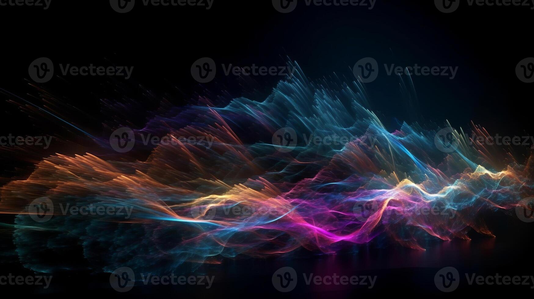 Progressed, neon colored, edifying lines crossing clouds at night over dim establishment. Creative resource, photo