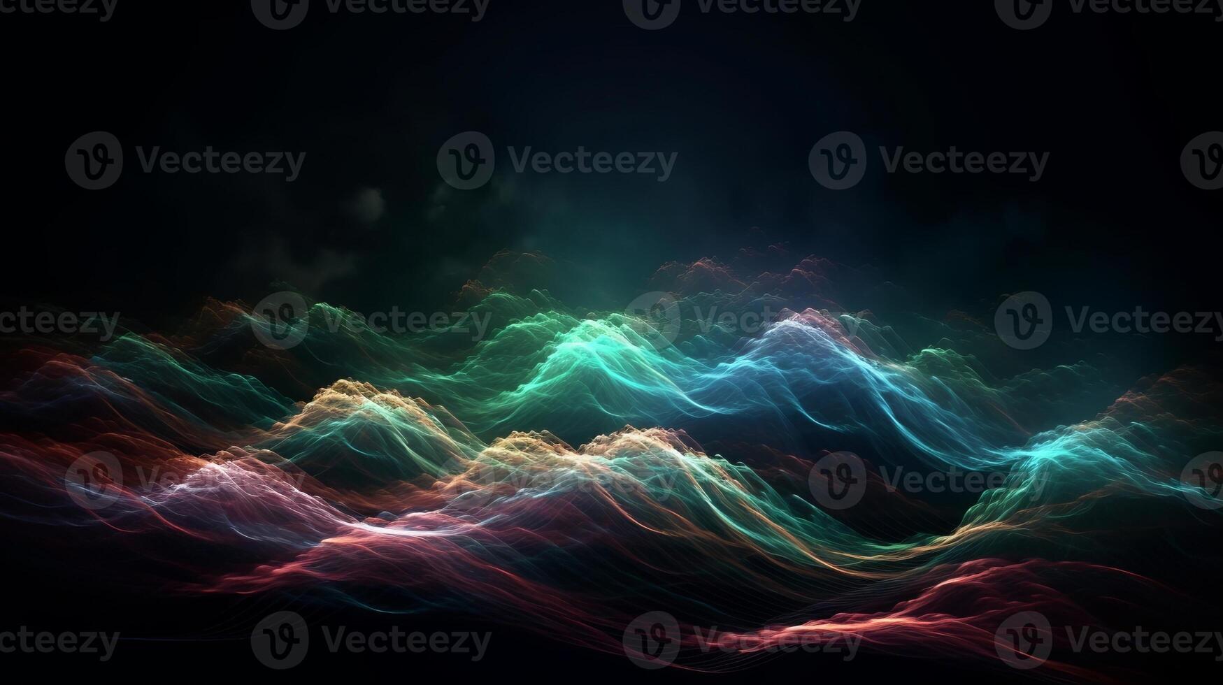 Advanced, neon colored, enlightening lines crossing clouds at night over dim foundation. Creative resource, photo