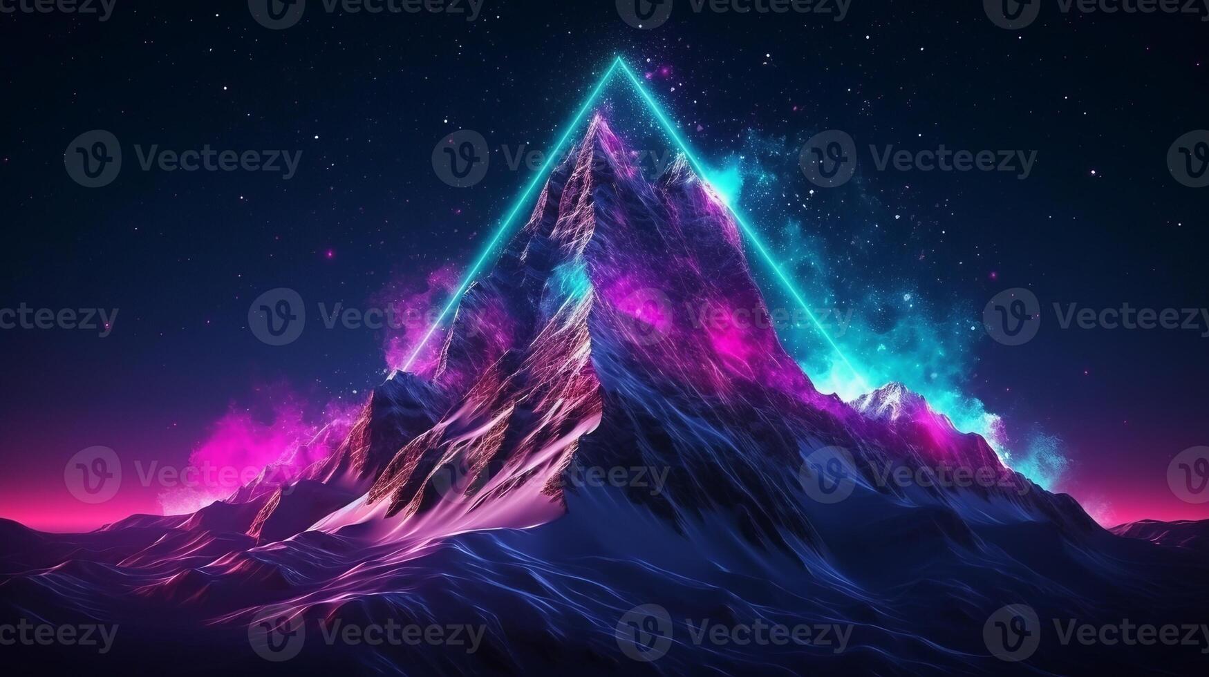 Theoretical, imaginative plan for backdrop, foundation and standard with pink neon triangle on crest of cold mountain at night with starry blue purple sky. Creative resource, photo