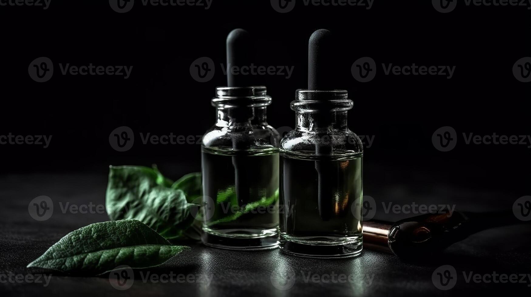 Obliging serum in a glass bottles with a pipette on a disheartening establishment with green takes off on a dim establishment. Creative resource, photo