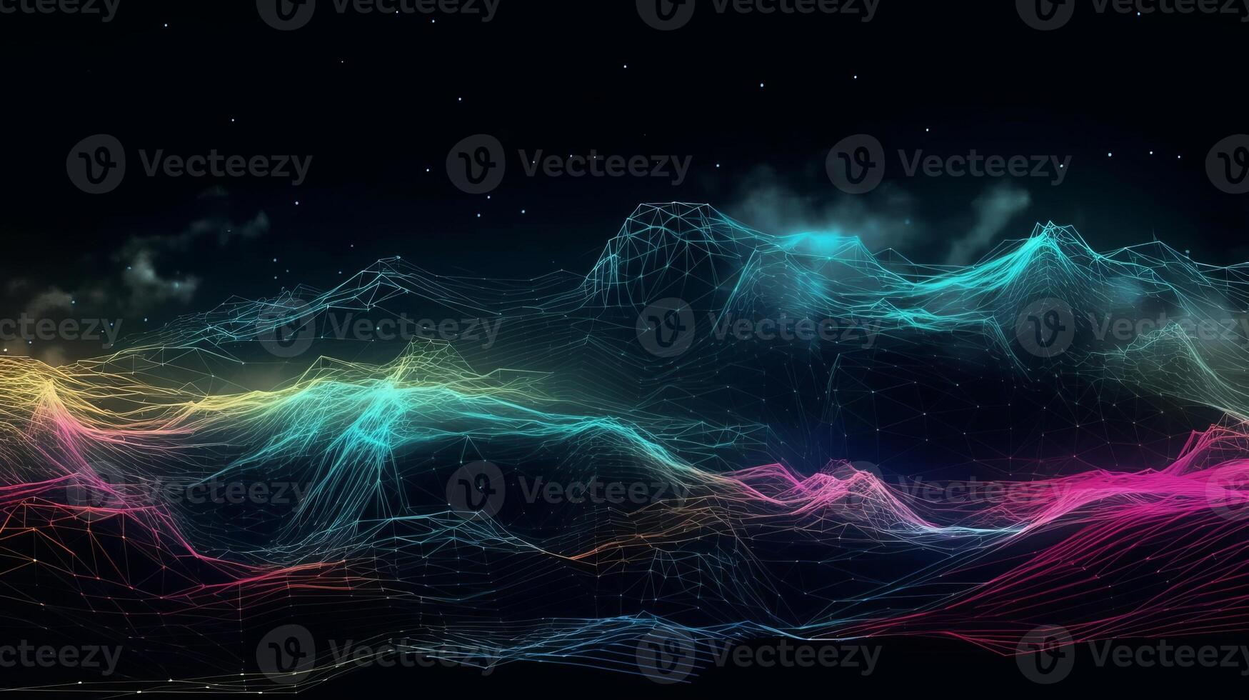 Advanced, neon colored, enlightening lines crossing clouds at night over dim foundation. Creative resource, photo