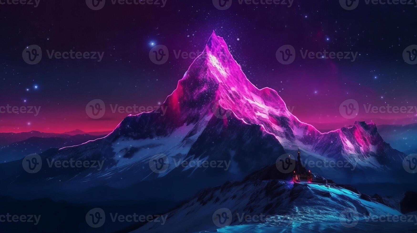 Speculative, innovative orchestrate for view, foundation and standard with pink neon triangle on crest of cold mountain at night with starry blue purple sky. Creative resource, photo