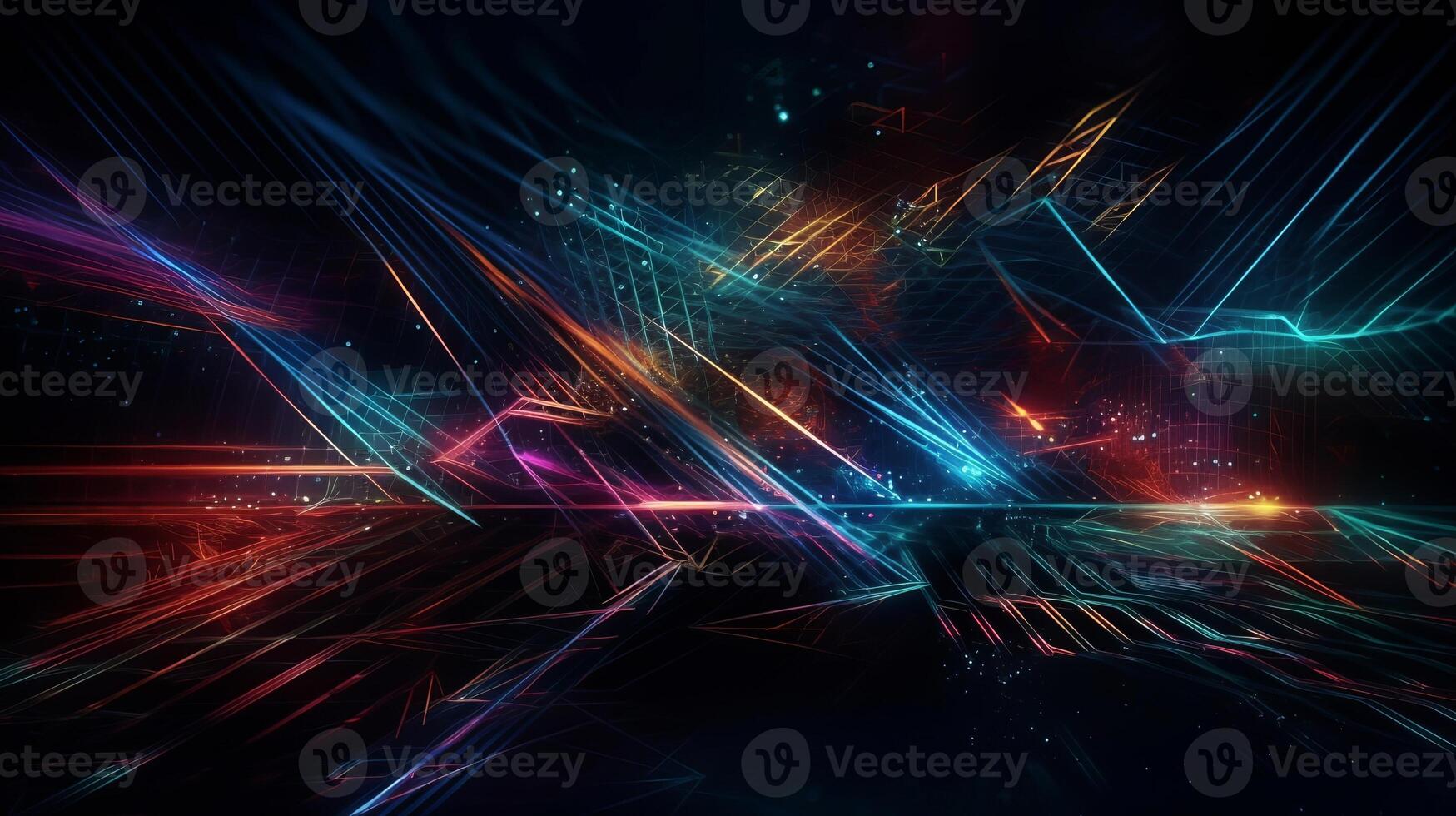 Progressed, neon colored, edifying lines crossing clouds at night over dim establishment. Creative resource, photo