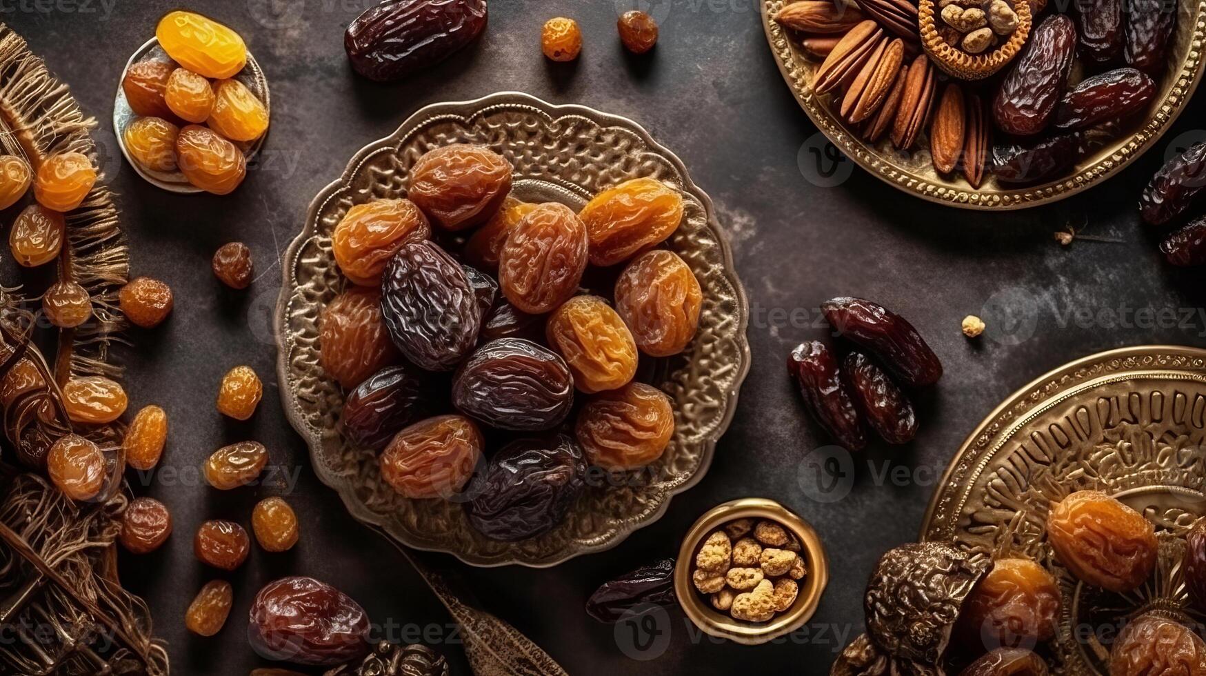 Eid al-Fitr occasion concept with sweet dried dates, standard things andgrades on shinning foundation. Creative resource, photo