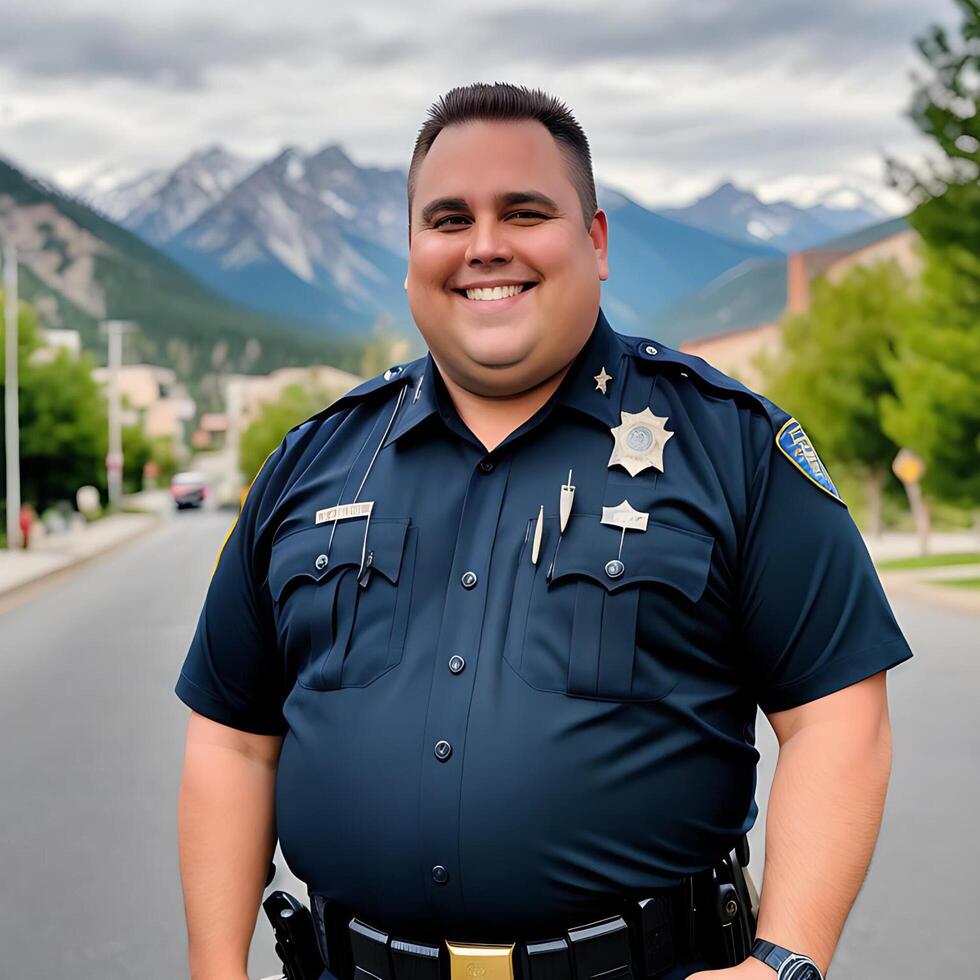 Handsome Police Officer Smiling with Nature Background photo