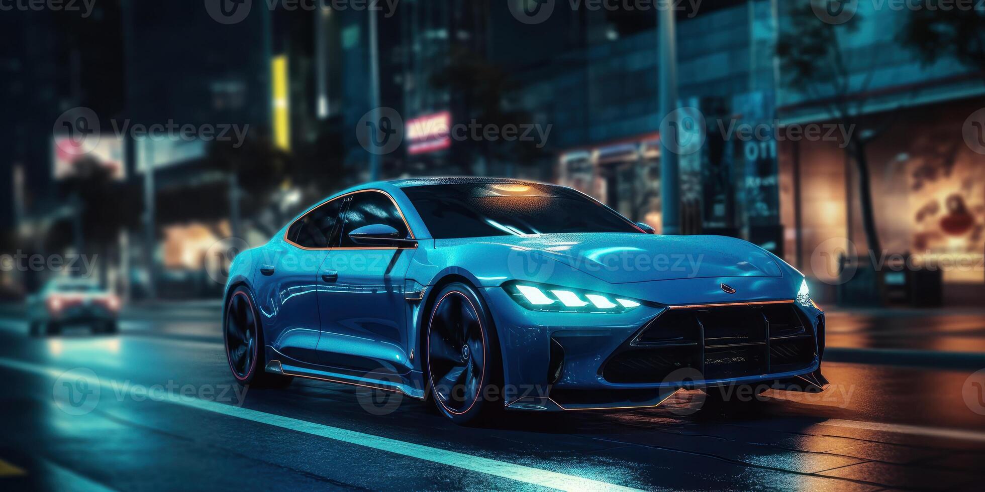 Electric Car driving on the road at night with neon lights, Motion blur