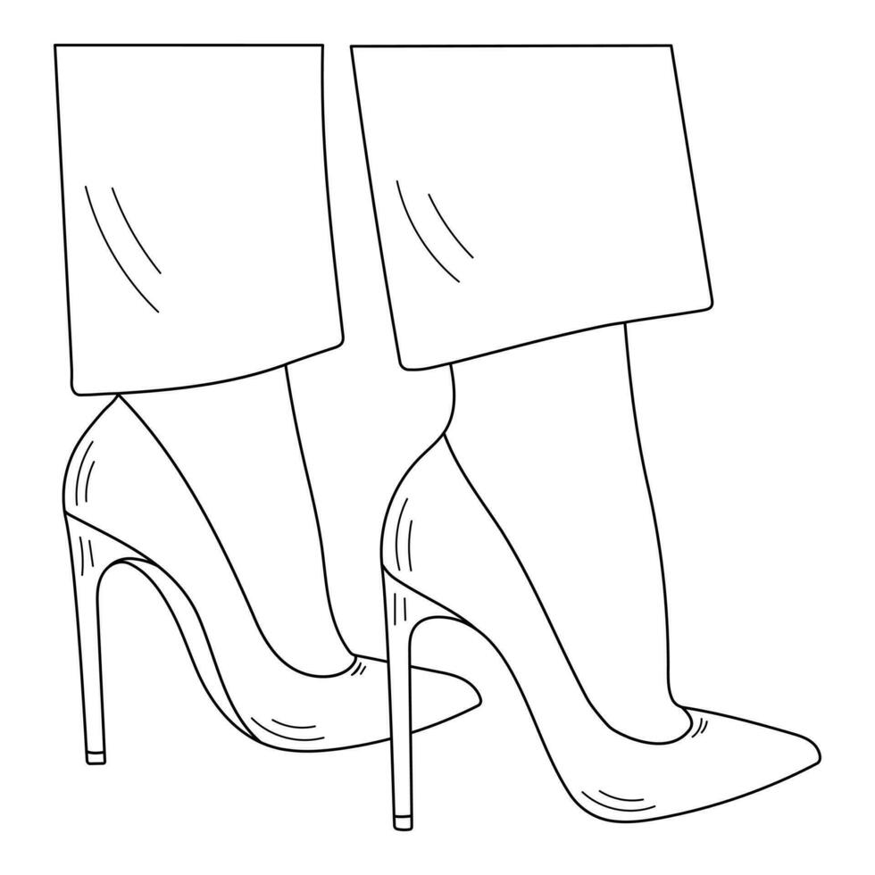 dibujo bosquejo contorno silueta de hembra piernas en un pose. Zapatos tacones de aguja, alto tacones vector