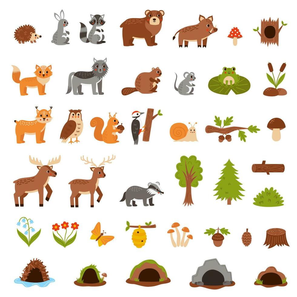 Set of cute woodland animals in cartoon style. vector