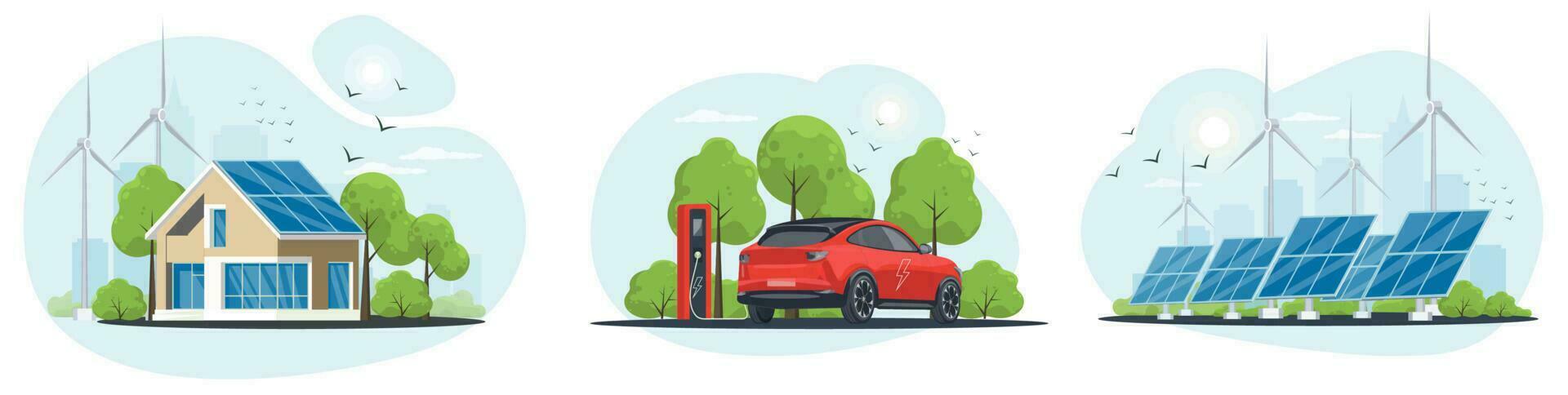 Clean energy of set. Electric car with charging station. Wind and solar generation. The concept of alternative electricity production. Home alternative electryciti, renewable energy. vector