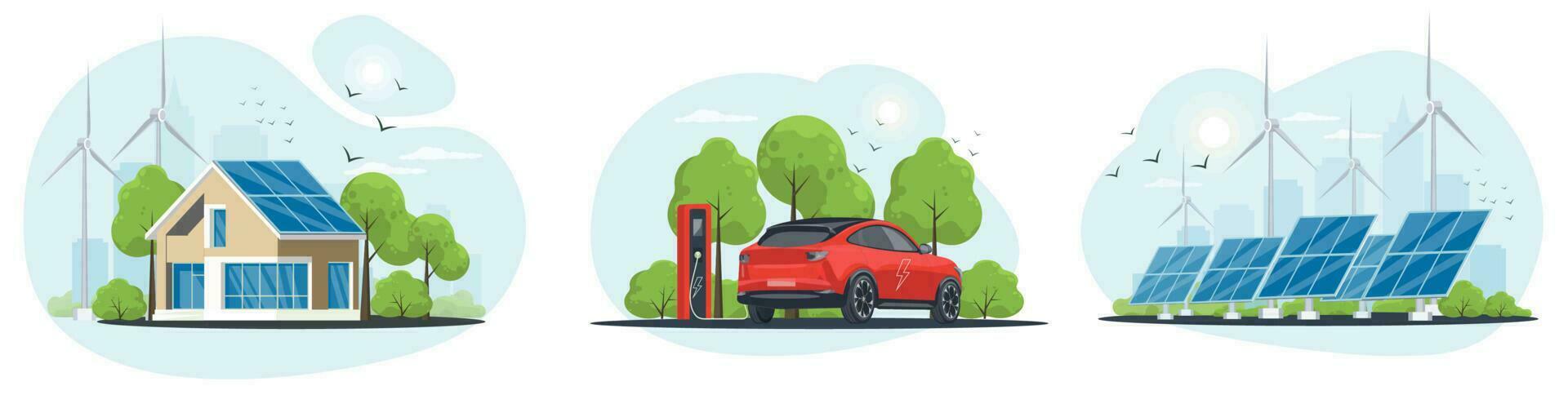 limpiar energía de colocar. eléctrico coche con cargando estación. viento y solar generación. el concepto de alternativa electricidad producción. hogar alternativa electricidad, renovable energía. vector