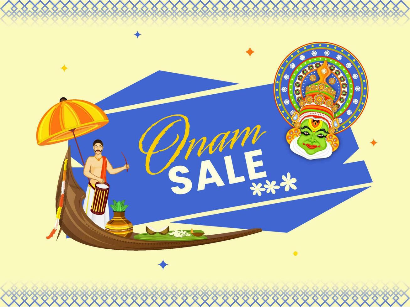 onam rebaja póster diseño con sur indio batería, Kathakali bailarín cara y festival elementos terminado antecedentes. vector