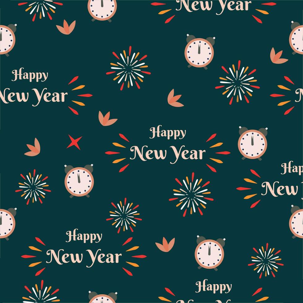 Repeat-less Happy New Year Font With Alarm Clock And Fireworks On Green Background. vector