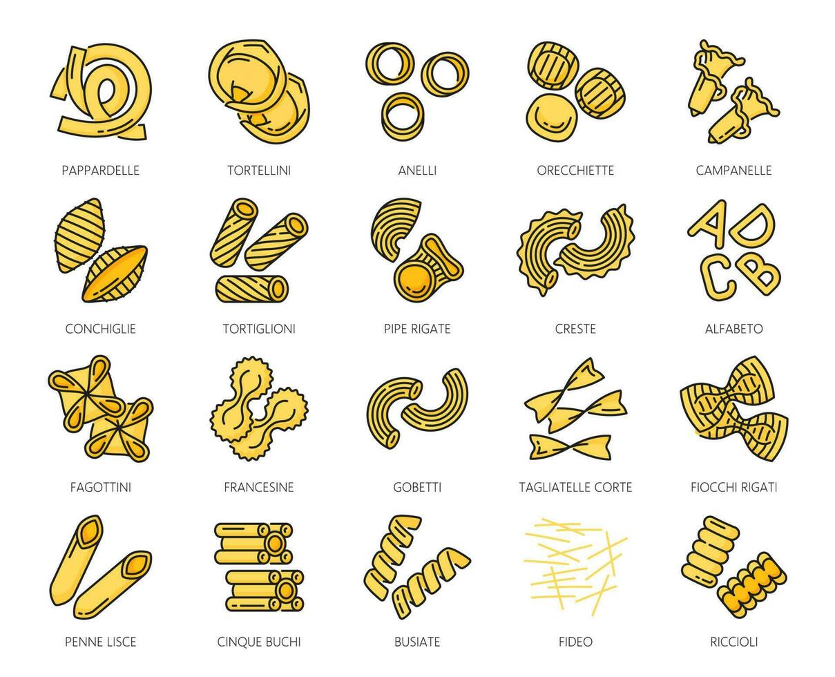 pasta tipo línea iconos, italiano espaguetis, macarrones vector