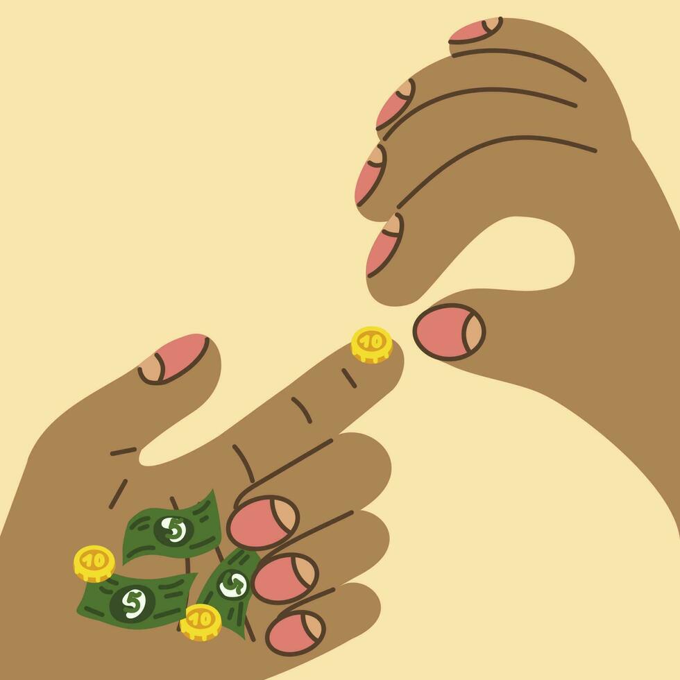 Giant hands holding tiny gold coins. Giant's hands. The concept of business, shop, money, salary. Hand-drawn fashionable vector illustration. Cartoon style. Templates for banner design, websites