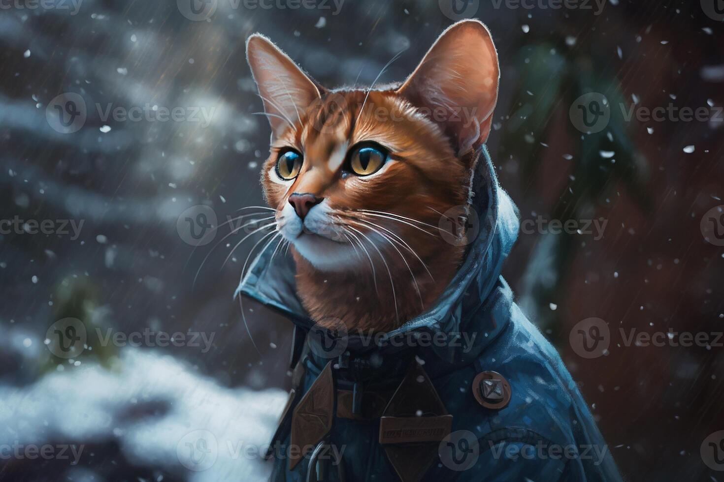 generativo ai, abisinio gato aventurero en invierno bosques petróleo pintura de linda mascota, animal vestir ropa. foto