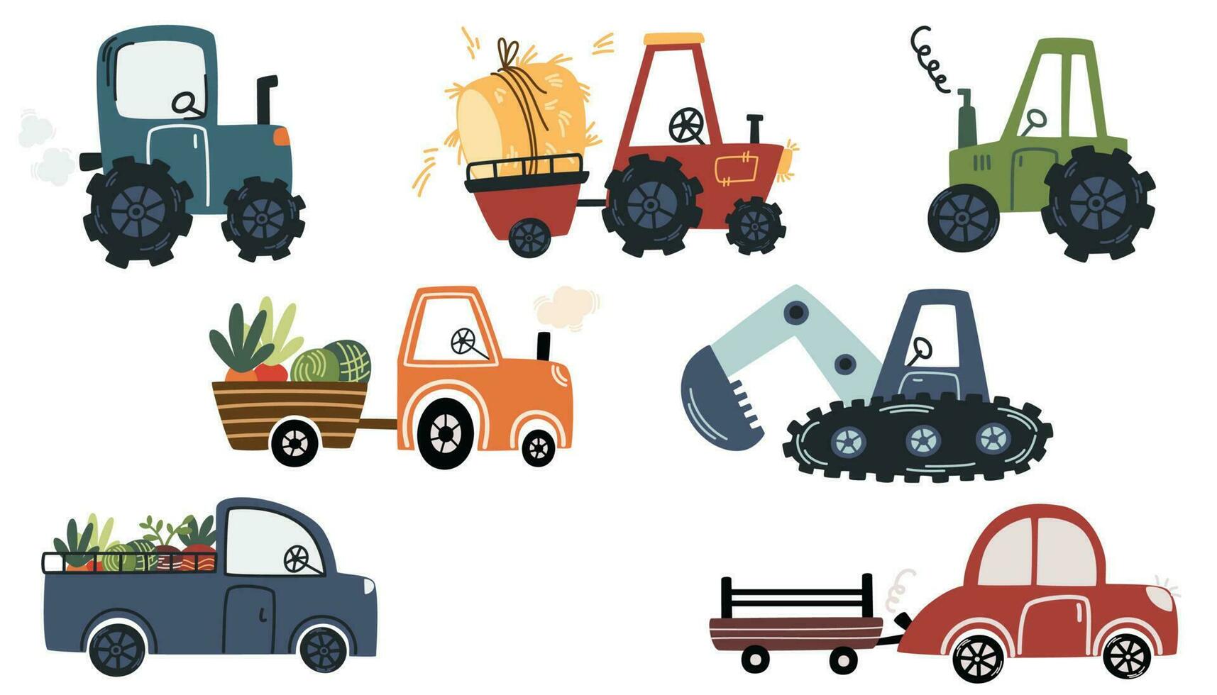 Agricultural tractors. Farm cars, industrial tractor, combine harvester, harvester, duster, sowing machine for transportation. Vehicle for field agricultural work. Cartoon vector illustration