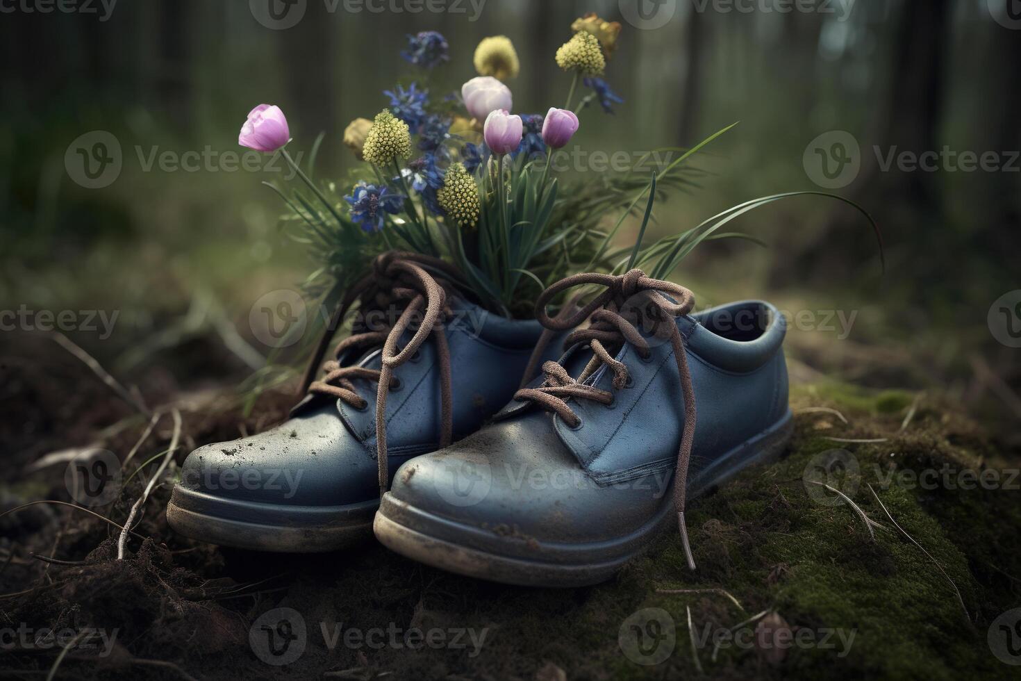 , Old boot with meadow spring flowers, handmade shoe planter. Environmental activism concept photo