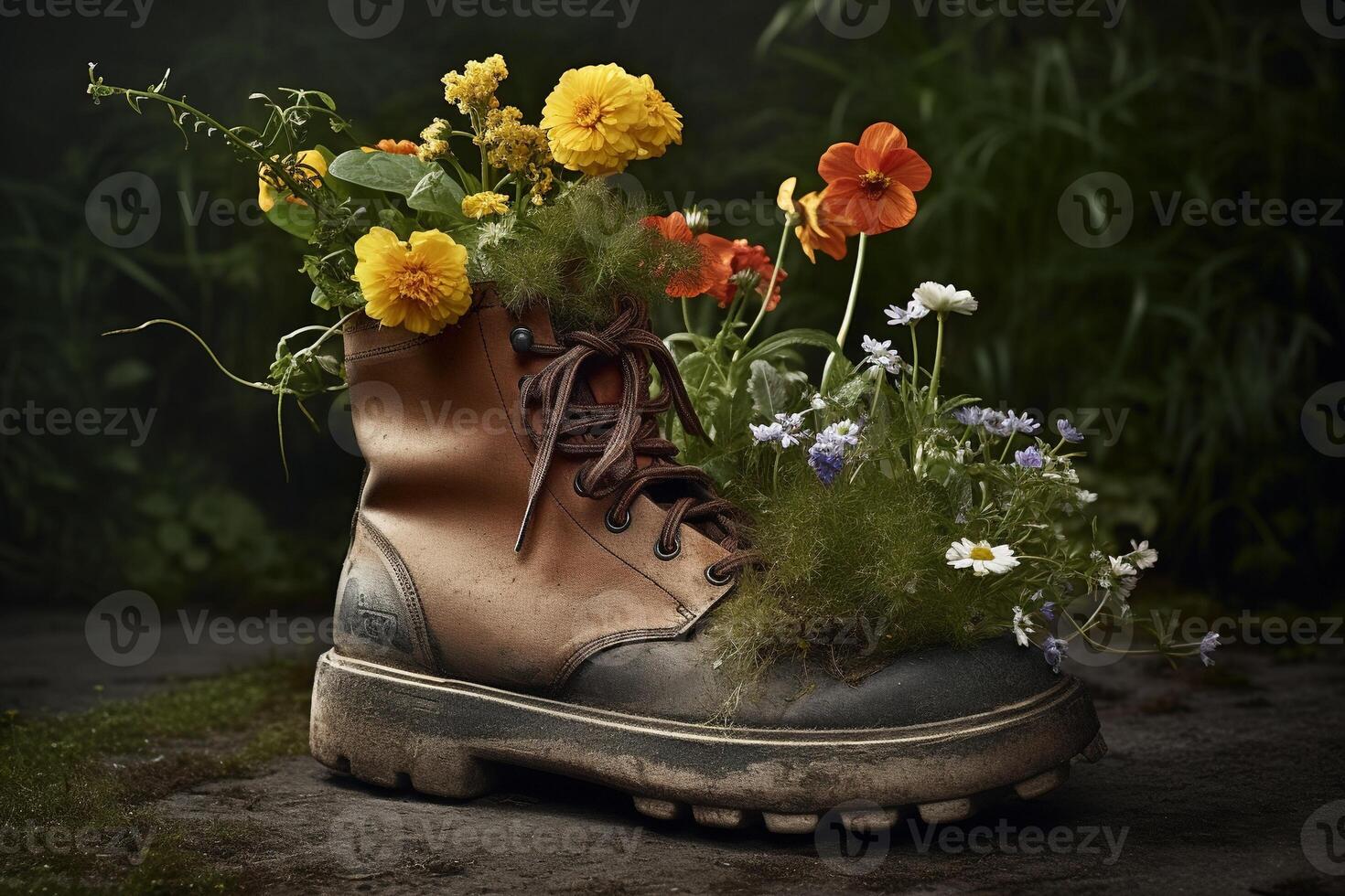 , Old boot with meadow spring flowers, handmade shoe planter. Environmental activism concept photo