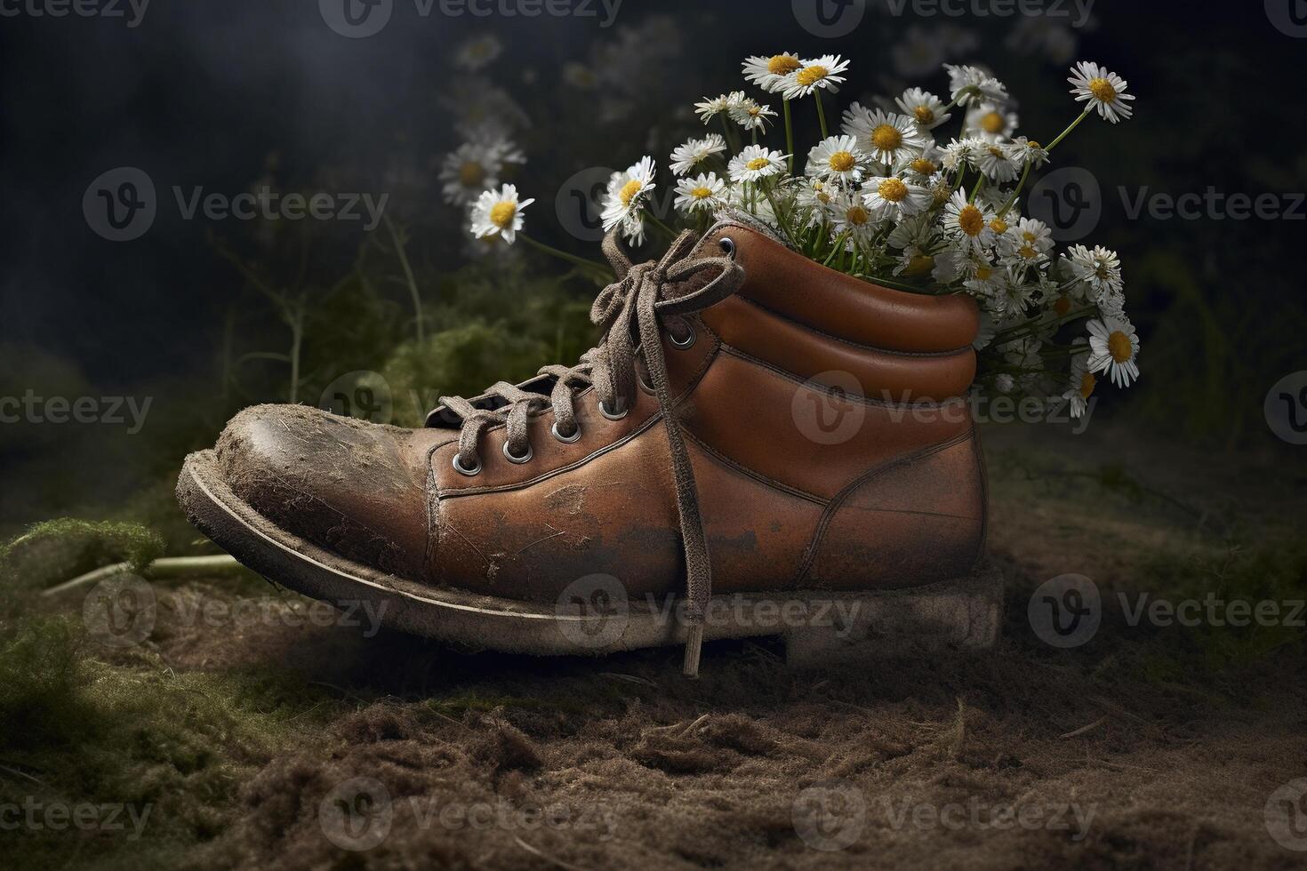 , Old boot with meadow spring flowers, handmade shoe planter. Environmental activism concept photo