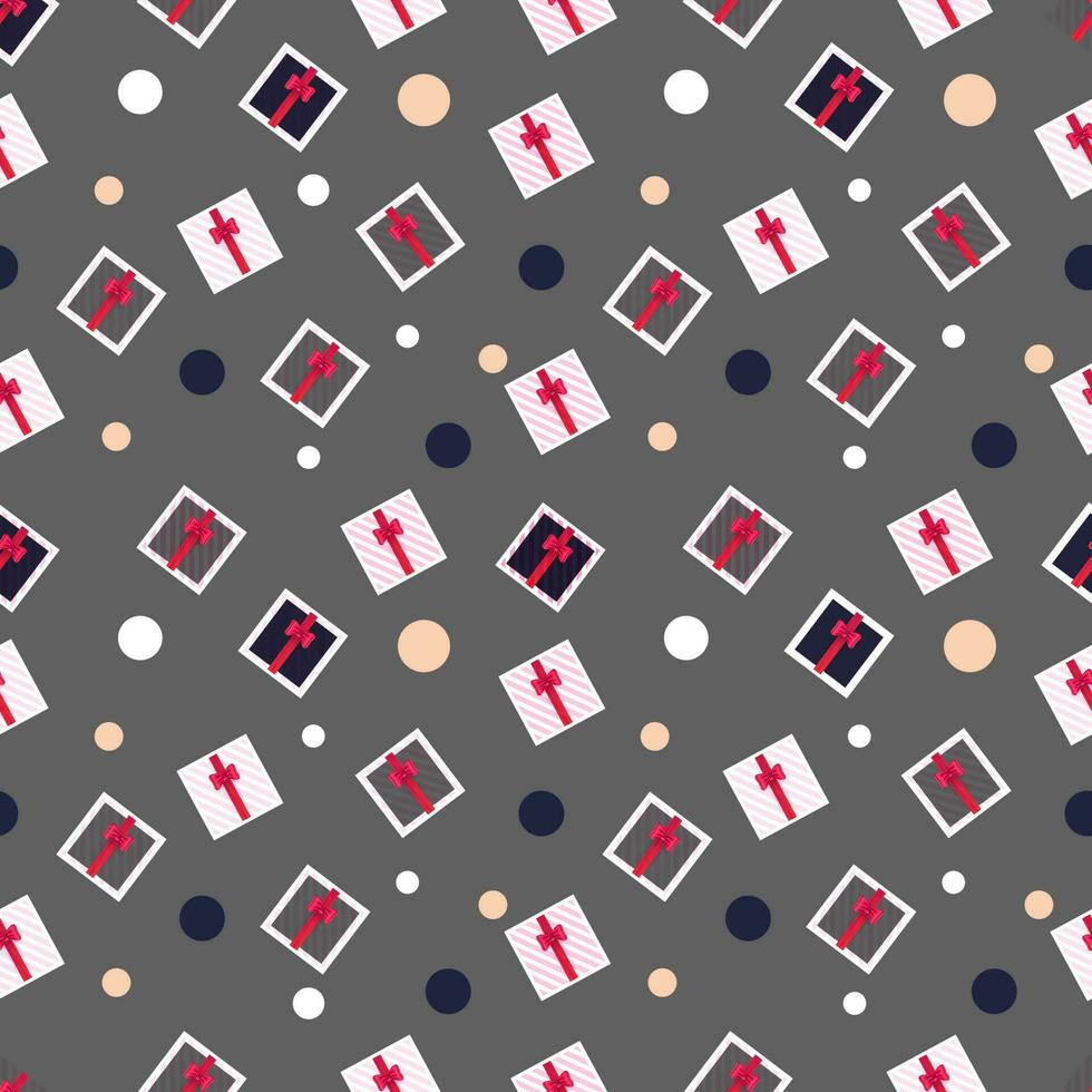 Top View Of Repeat-less Gift Boxes Pattern On Gray Background. vector