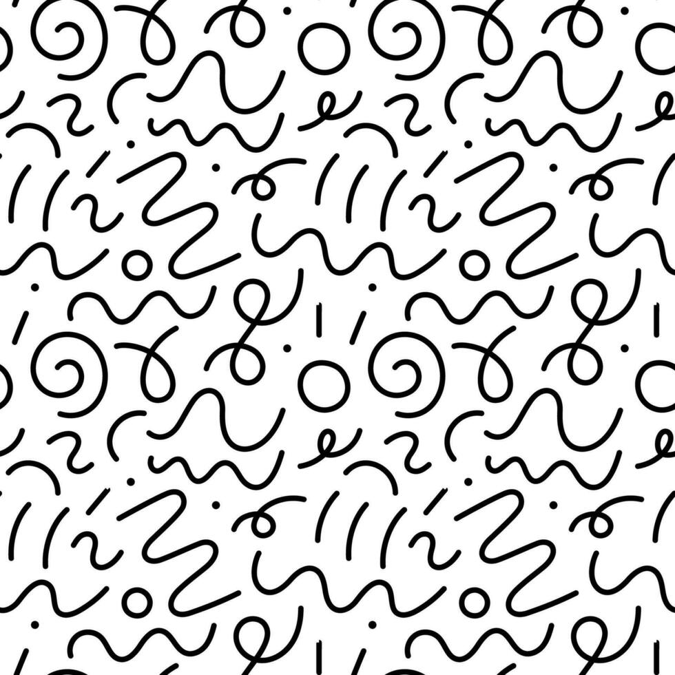 90s seamless pattern squiggle. Abstract geometric shapes seamless pattern. Vector Hand drawn various shapes and doodle objects. Abstract contemporary modern style. Trendy colorfull illustration.