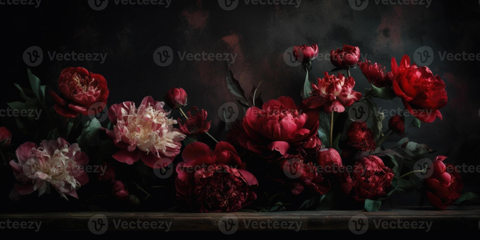 , Close up of blooming flowerbeds of amazing red color flowers on dark moody floral textured background. Photorealistic effect.. photo