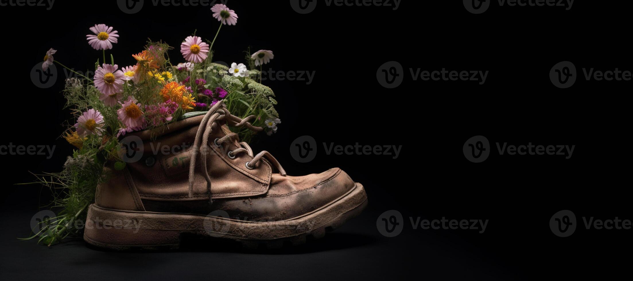 , Old boot with meadow spring flowers, handmade shoe planter. Environmental activism concept photo