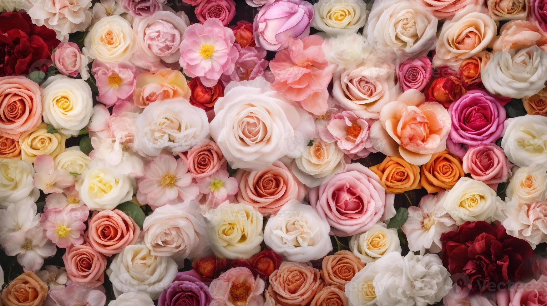 , flowers wall background with white and light pink fresh roses, pastel and soft bouquet floral card photo